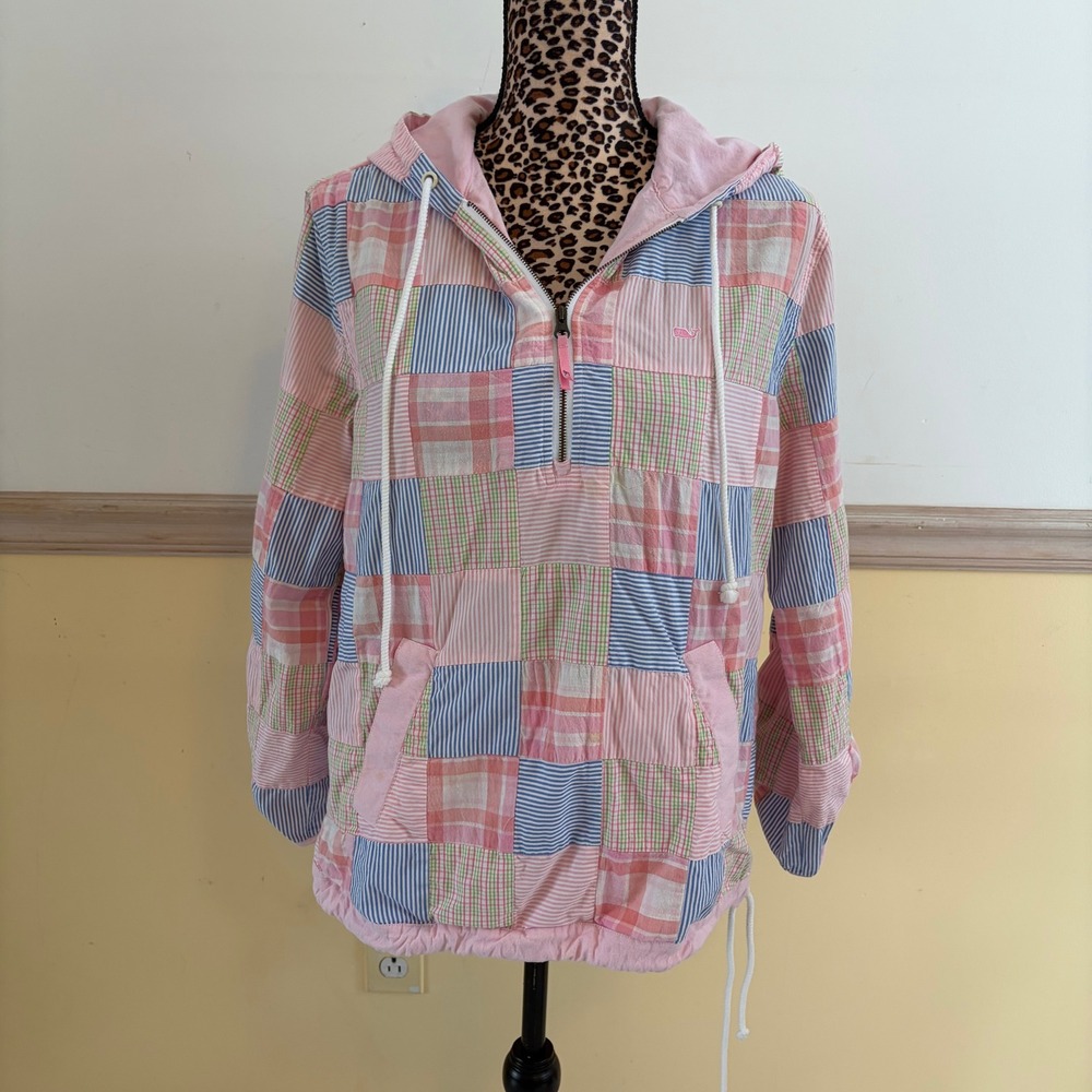Vineyard Vines Womens Medium Patchwork Seersucker Plaid Half Zip Hoodie Pullover
